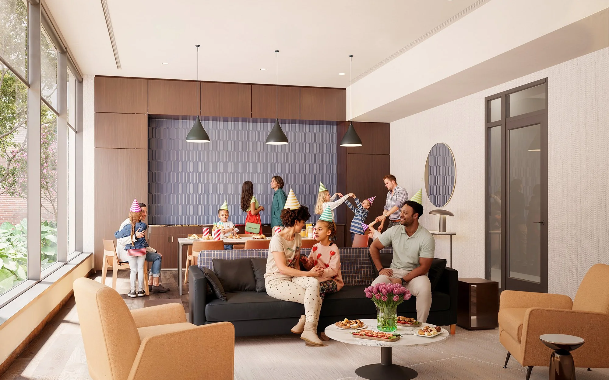 A family birthday celebration in a modern living room with children and adults wearing party hats. There are party decorations, food on a coffee table, and a group of children and adults enjoying the party.