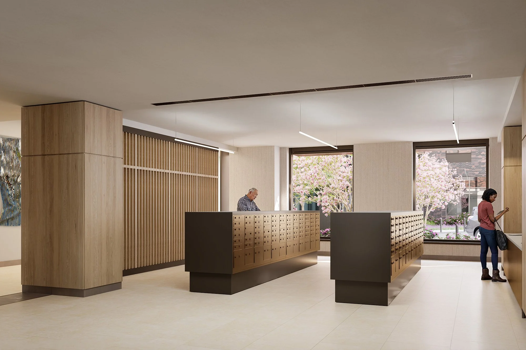 Interior of a modern apartment building lobby with mailboxes, large windows with pink flowering trees outside, and two people using their phones.