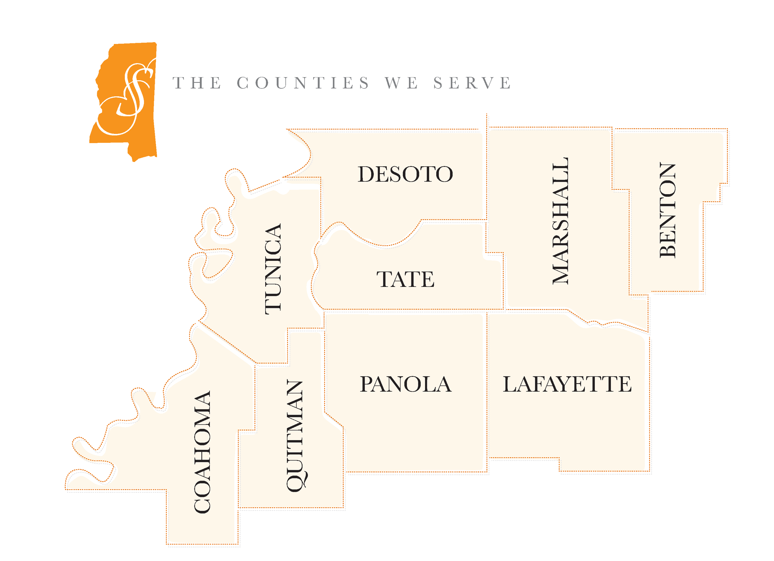 North MS Map showing service counties in a region, labeled from northwest to southeast as DeSoto, Marshall, Benton, Lafayette, Panola, Quitman, TUNICA, Coahoma, and Coahoma.
