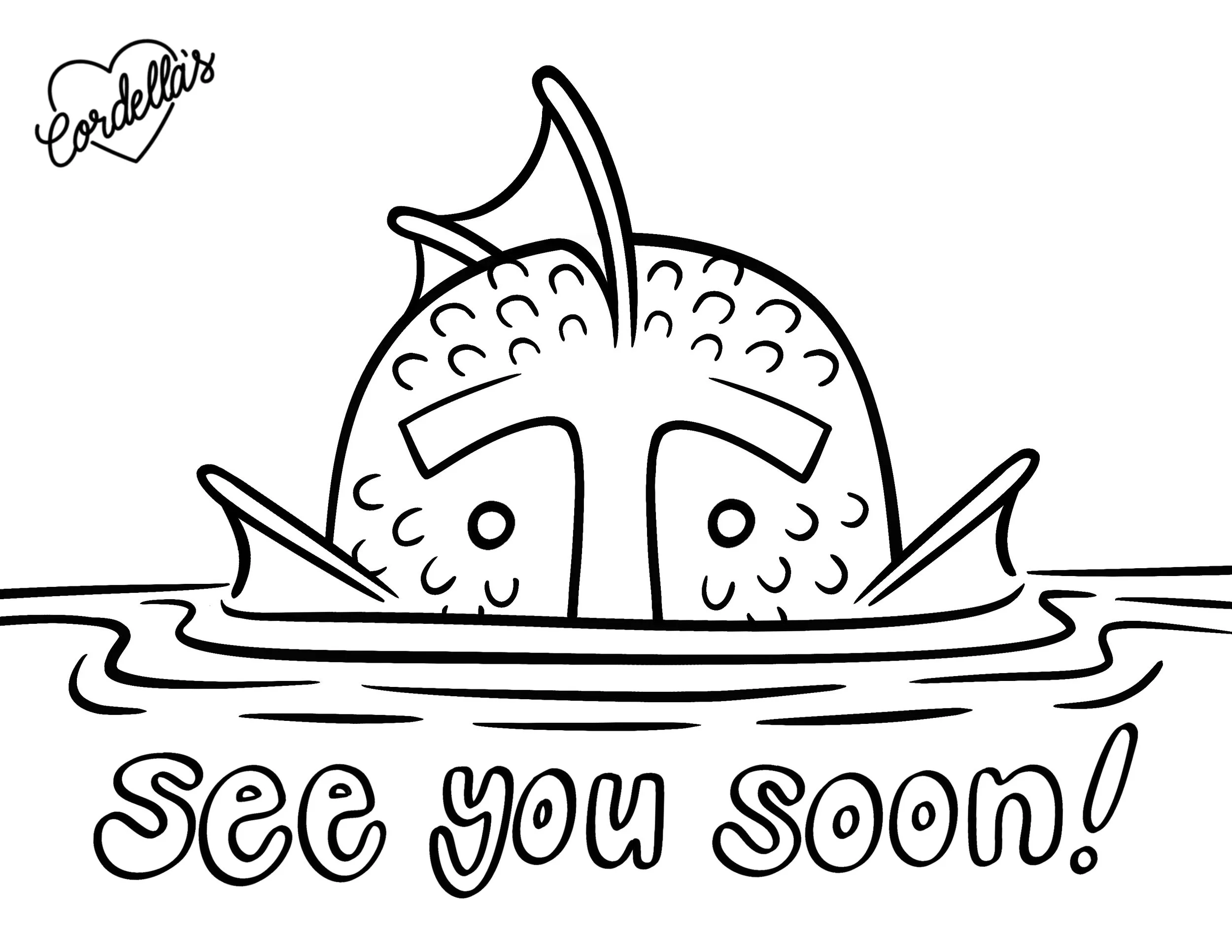 A black and white coloring page depicting a swamp monster head emerging from water. Below the monster, the text says "see you soon!"