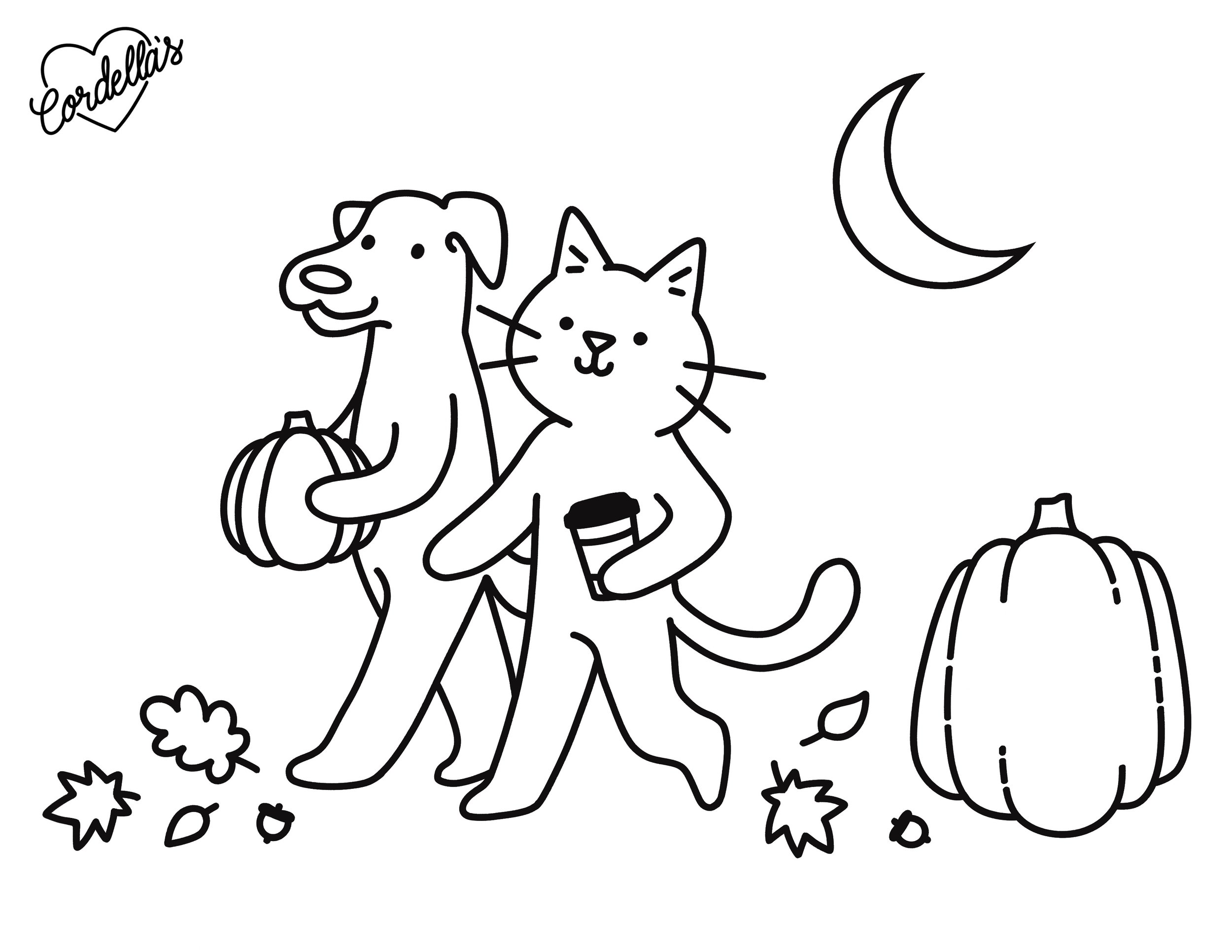 Coloring page featuring a dog and a cat holding pumpkins, with a large pumpkin on the ground, falling leaves, and a crescent moon in the sky, labeled 'Cordella's' in the top left corner.