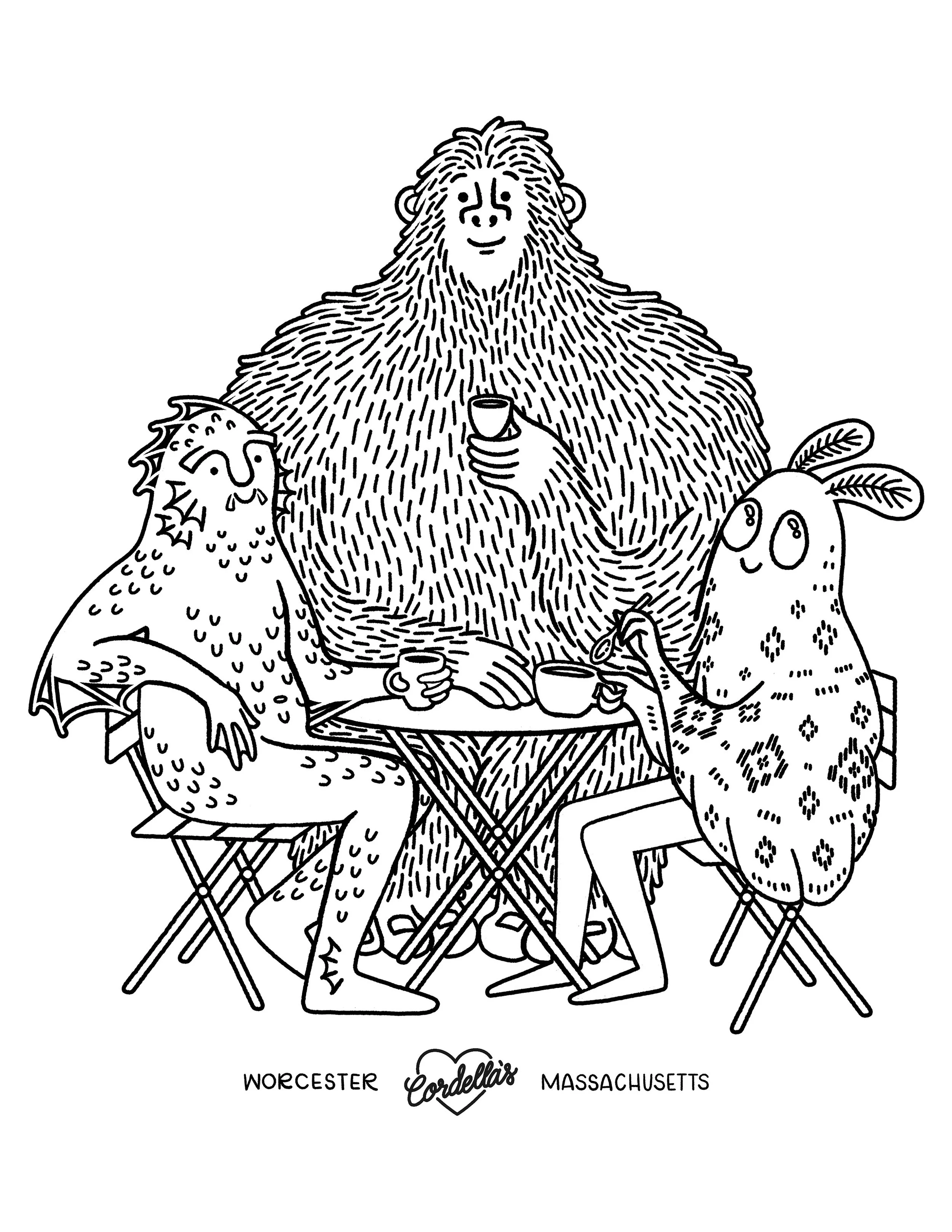 Line drawing of three anthropomorphic cryptid characters sitting around a table, sasquatch, big foot, swamp monster and mothman, holding cups, with the words 'Worcester, Massachusetts' and 'Cordella's' underneath.