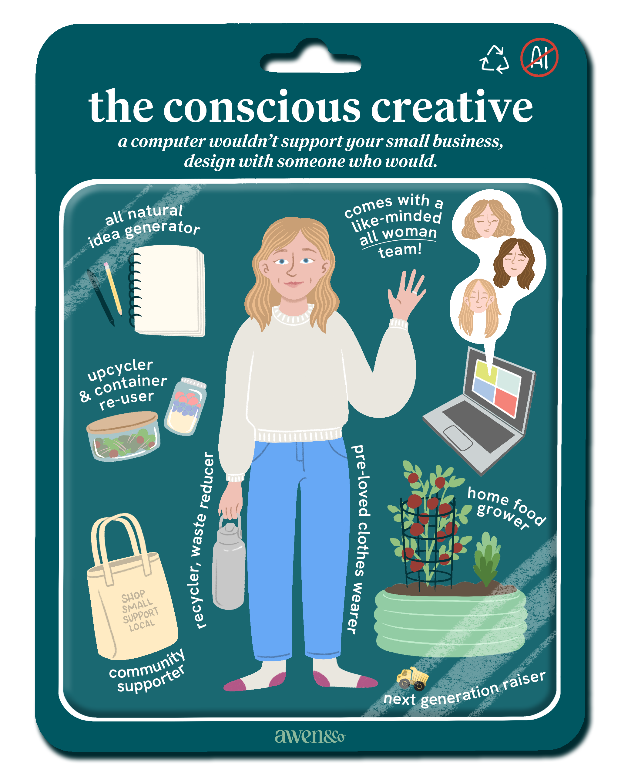 Infographic of a woman with environmentally friendly and community supportive items, including a notebook, upcycled container, reusable water bottle, community support bag, homegrown food, pre-loved clothes, a laptop with a like-minded team, a small