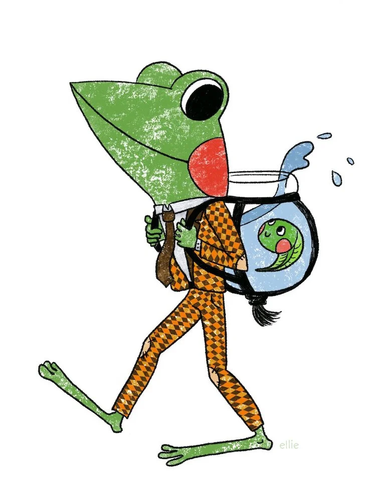 A happy cartoon frog in orange, black, and white checkered pajamas walking and carrying a backpack-style fishbowl with a happy tadpole inside.