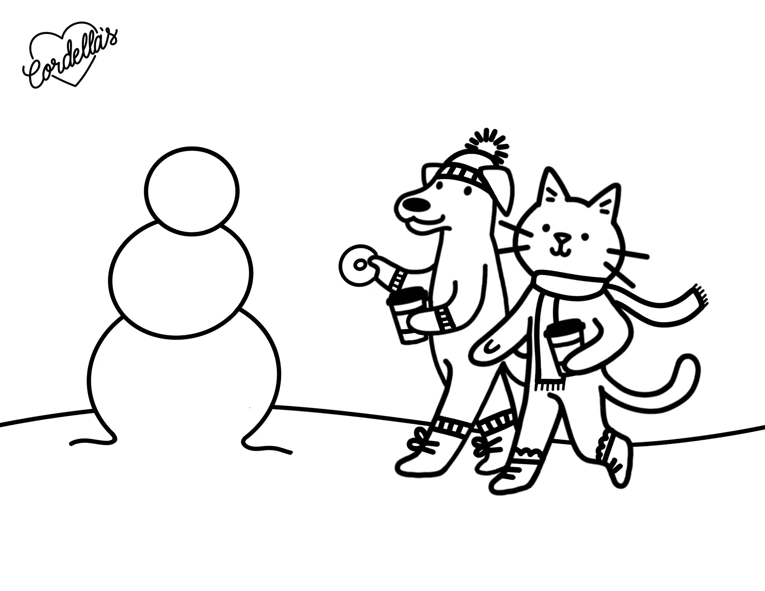 coloring page drawing of two animals, a dog and a cat, walking outside toward a snowman, with a heart-shaped logo that says 'Cordella's' in the top left corner.