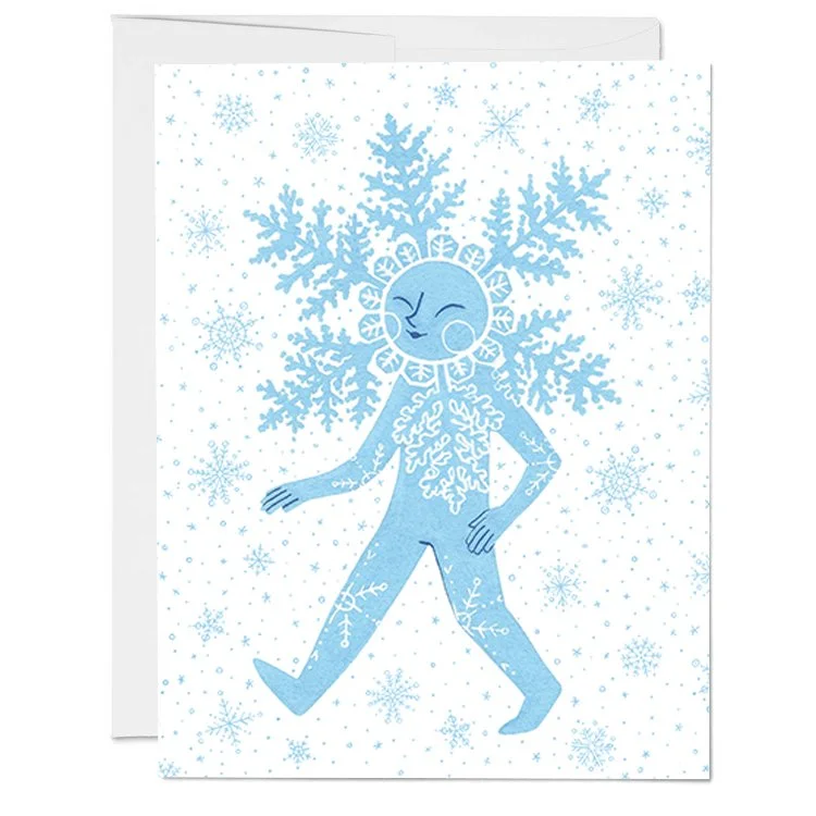 A greeting card with a blue anthropomorphic snowflake character smiling, with snowflakes in the background.