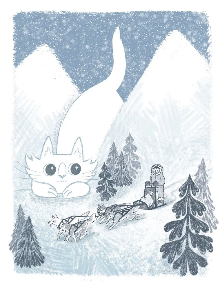 A cartoon illustration of a large, smiling cat with big eyes in a snowy mountain landscape, with dogs pulling a person on a sled, surrounded by pine trees and snow-capped peaks in the background.