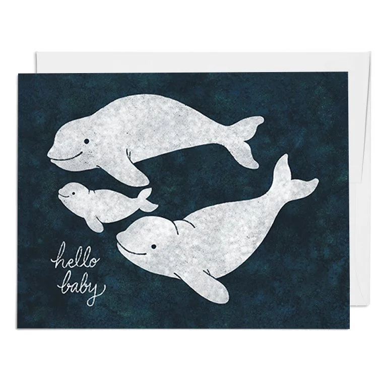 Greeting card with illustrations of three beluga whales and the text 'hello baby' in cursive.