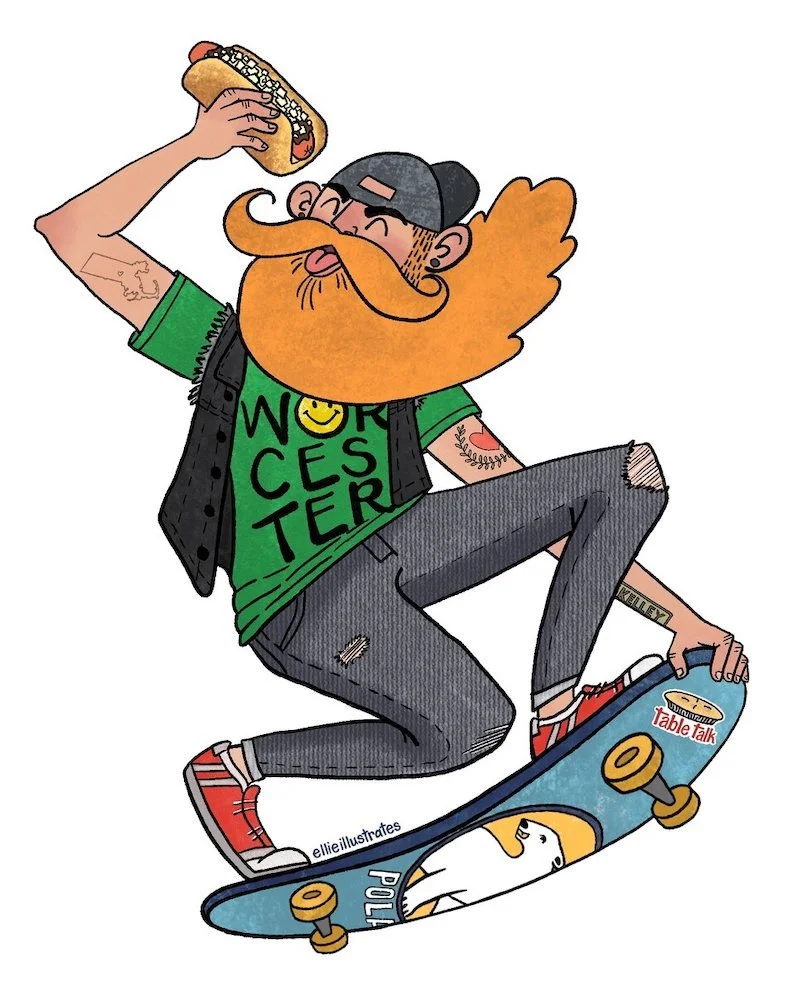 Cartoon of a man with red hair and beard skateboarding while eating a hot dog, wearing a green "WORCESTER" t-shirt, ripped jeans, red sneakers, and a black cap, with tattoos visible on his arms. the skateboard shows the Polar Seltzer logo.
