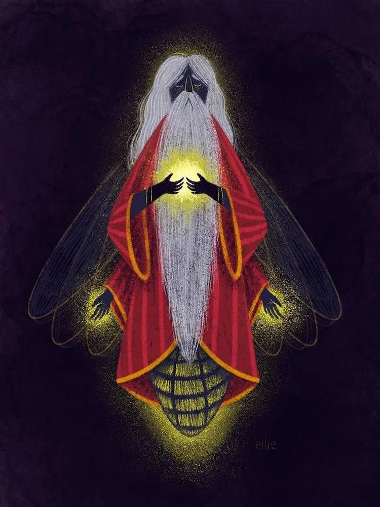 A mystical illustration of a figure with a long white beard and hair, wearing a red robe with gold accents. The figure holds a glowing yellow orb in front of their chest, with fairy-like wings and a glowing grid pattern underneath. The background is