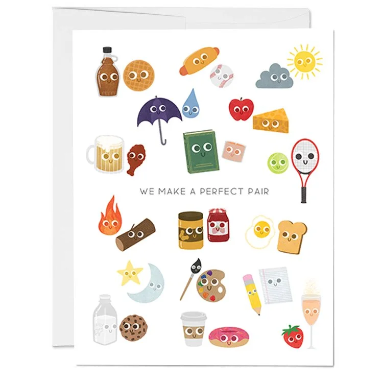 Illustration of various food and beverage items with cute faces, arranged around the text 'We make a perfect pair'. Items include a bottle, cookies, hot dog, cloud, sun, beer mug, chicken drumstick, matchstick, jam jar, cheese, tennis racket, noteboo