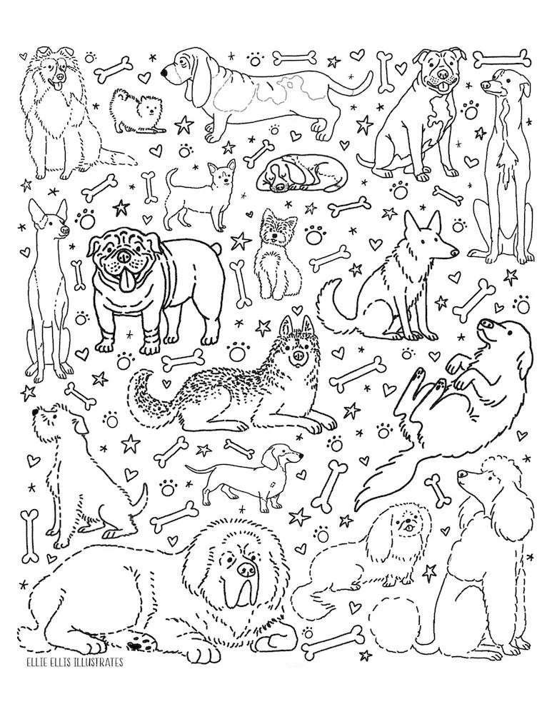 Black and white coloring page of various dog breeds among bones, hearts, stars, and paw prints.
