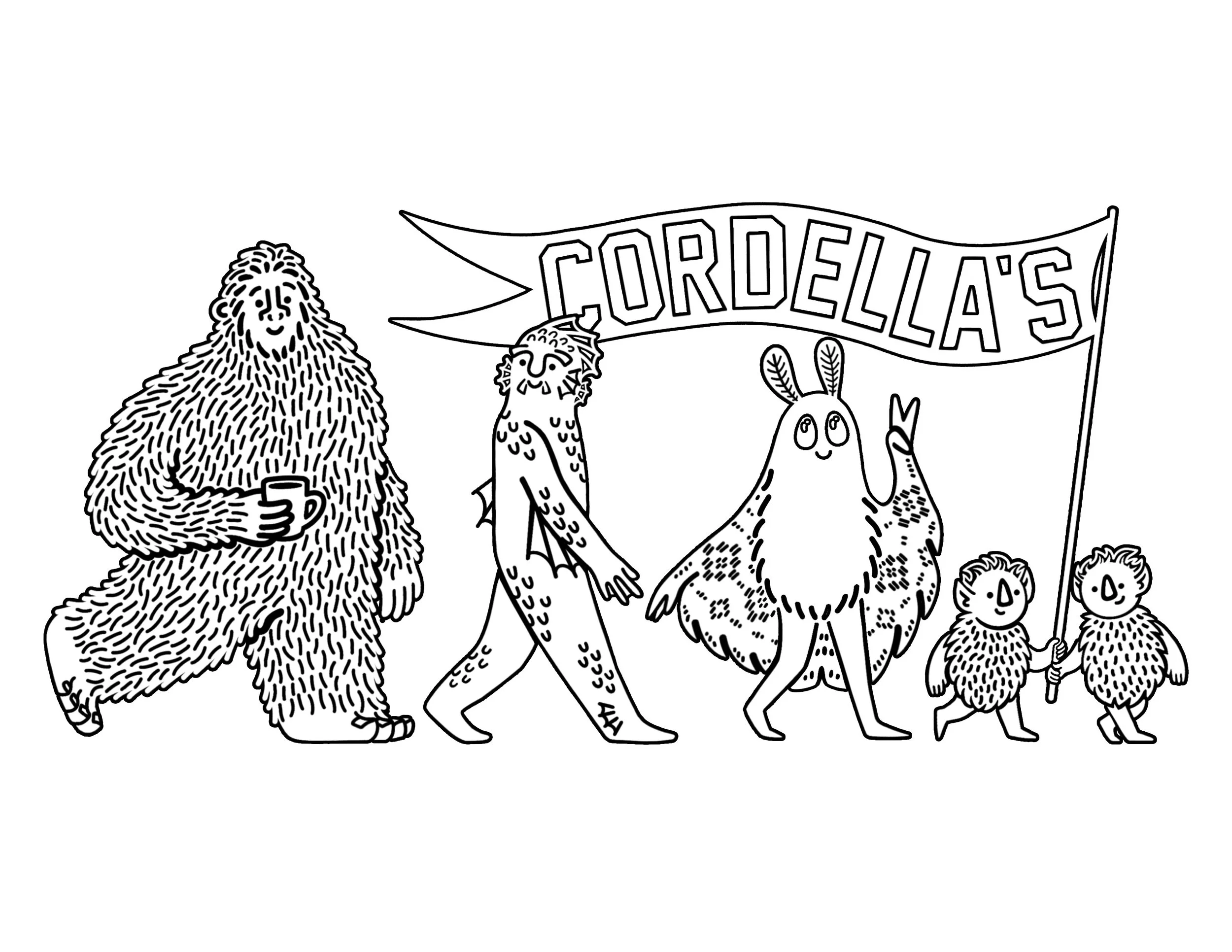 A coloring page line drawing of pukwudgies holding a flag that says 'CORDELLAS,' with a Bigfoot holding a cup, swamp monster and mothman walking parade behind them. Mothman is giving a peace-sign with its hand.