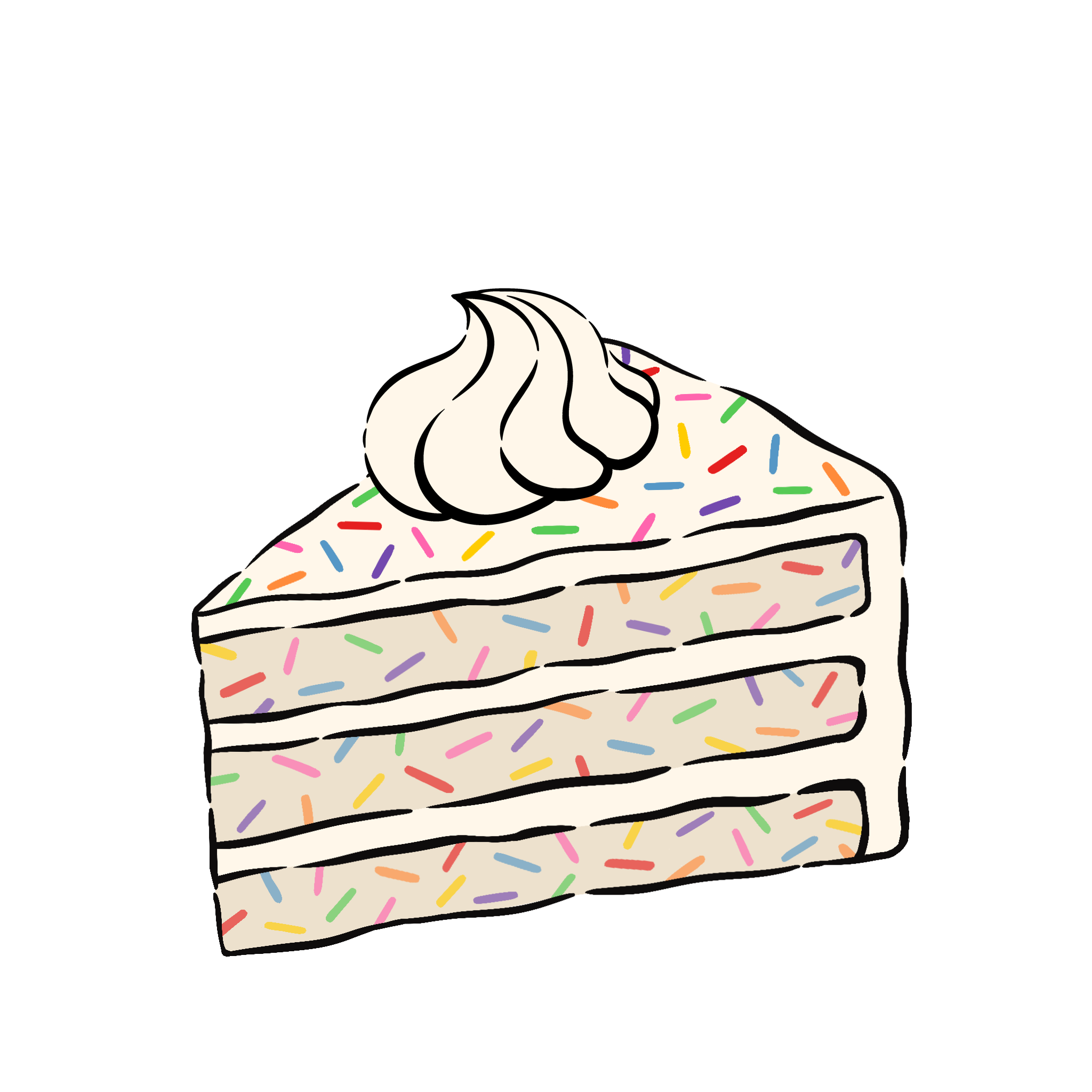 Illustration of a slice of birthday cake with colorful sprinkles, topped with whipped cream.