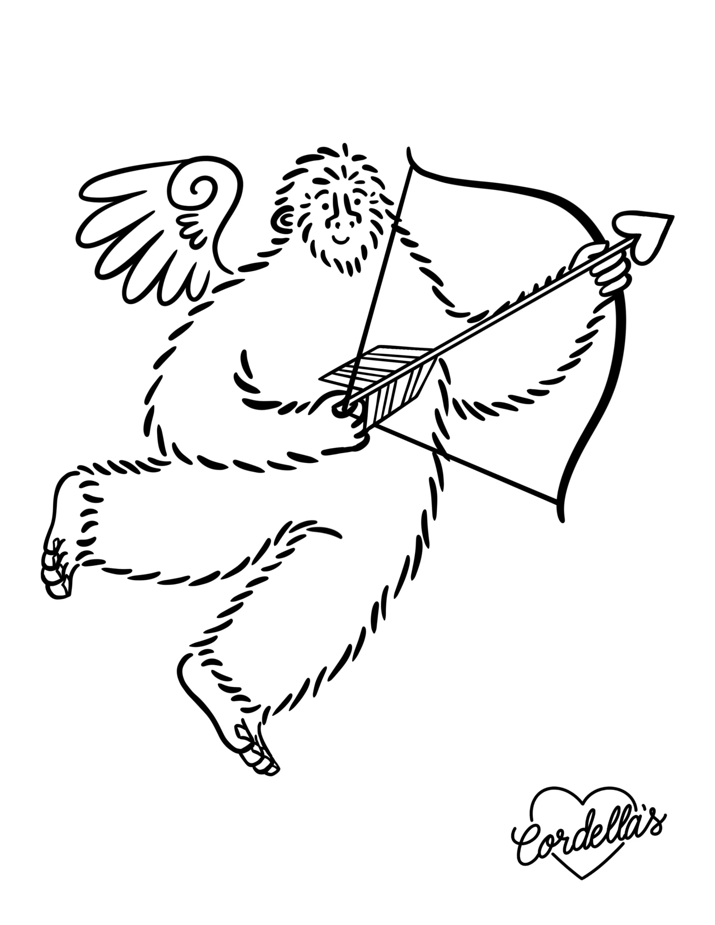 coloring page line drawing of a sasquatch big foot cherub with wings, flying and holding a bow and arrow, with a heart containing the word "Cordella's" in the bottom right corner.