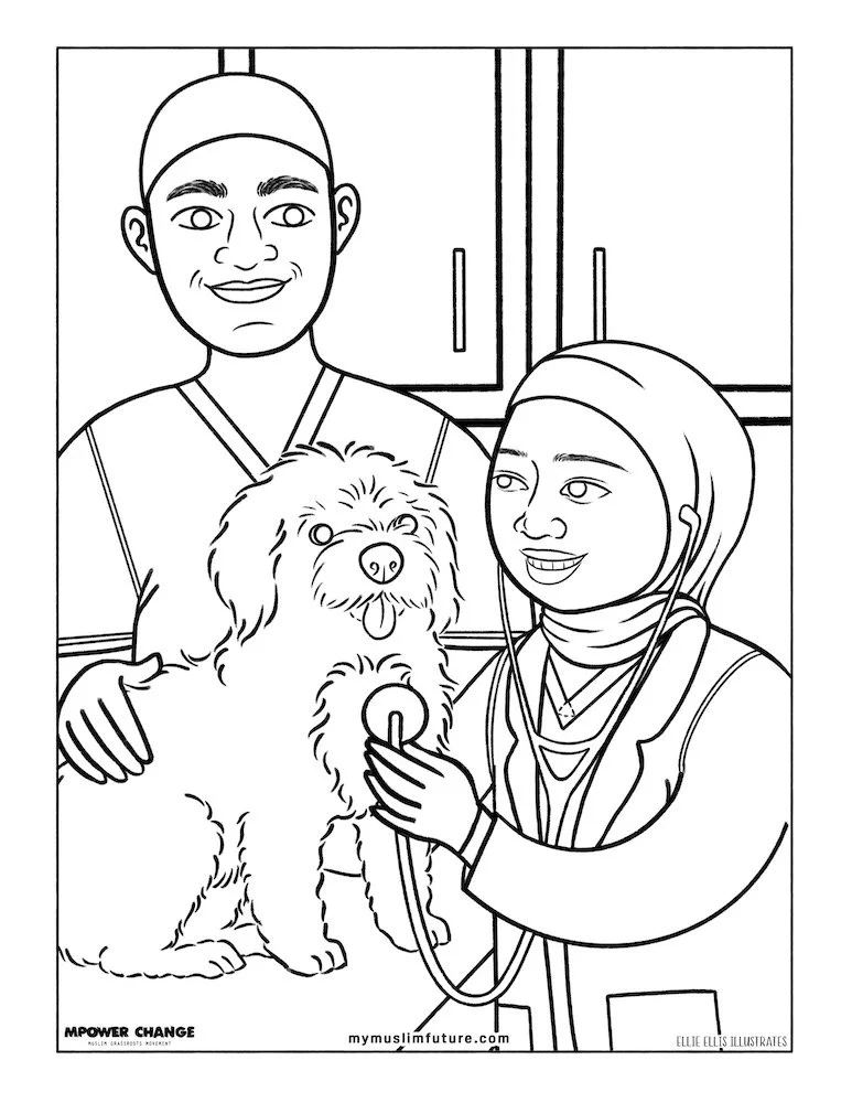 Black and white coloring page of two healthcare workers and a dog in a medical setting.