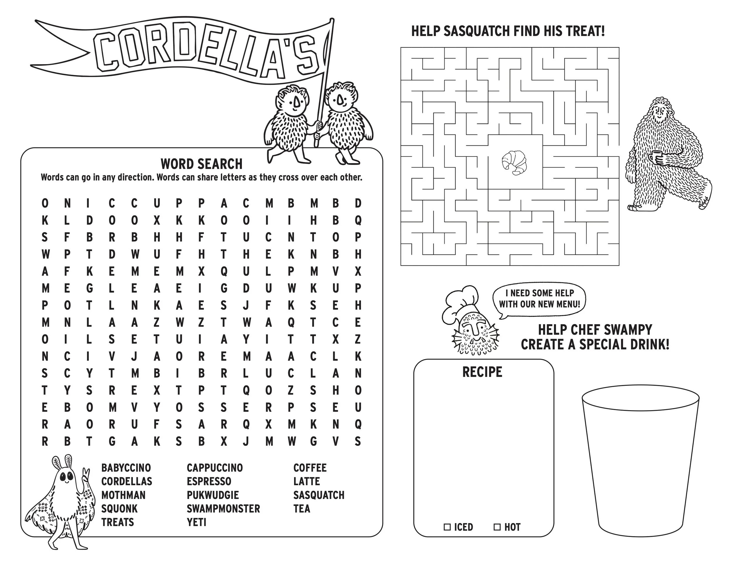 Black and white activity sheet for kids for Cordella's, with a word search, maze, and space to create a drink for sasquatch, with illustrations of a swamp monster chef, a small mothman at the bottom left, and a bigfoot on the right holding a mug.