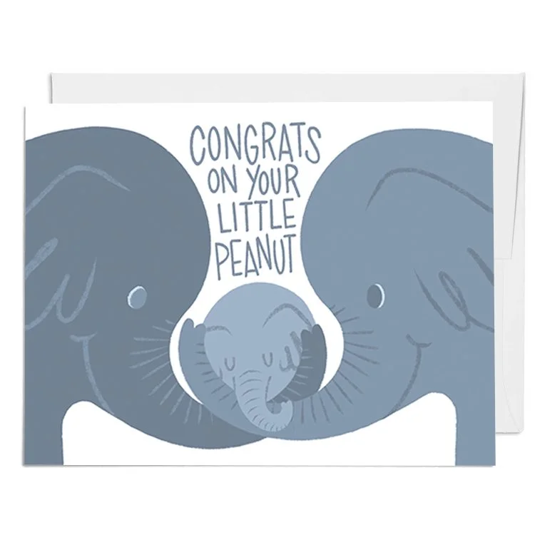 A greeting card with a cute illustration of two large elephants and a small baby elephant between them, with the text "CONGRATS ON YOUR LITTLE PEANUT".