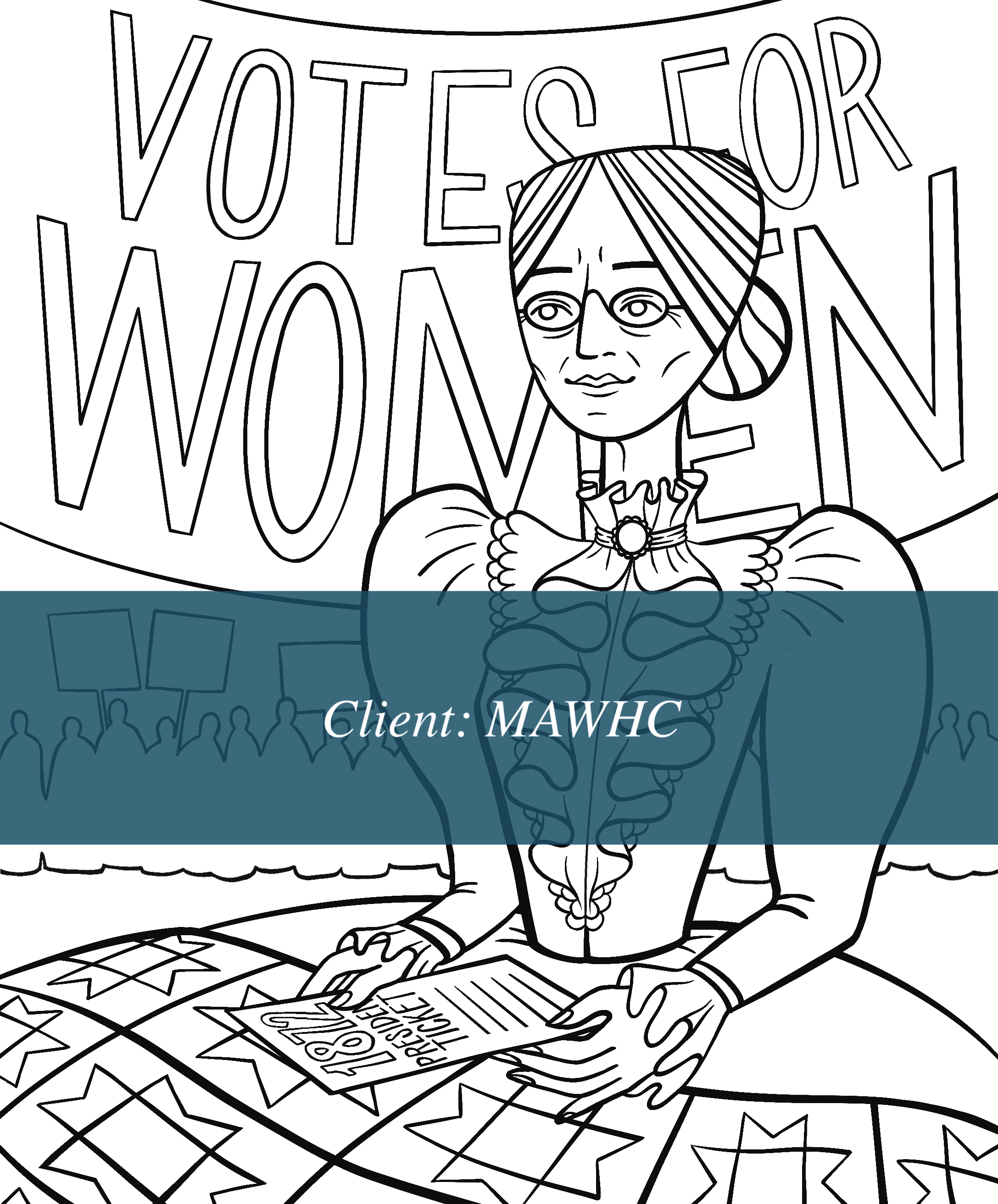 Coloring page line drawing of a Susan B Anthony, an elderly woman sitting, holding an 1812 voter registration card, with a protest crowd and a banner reading 'Votes for Woman' in the background.