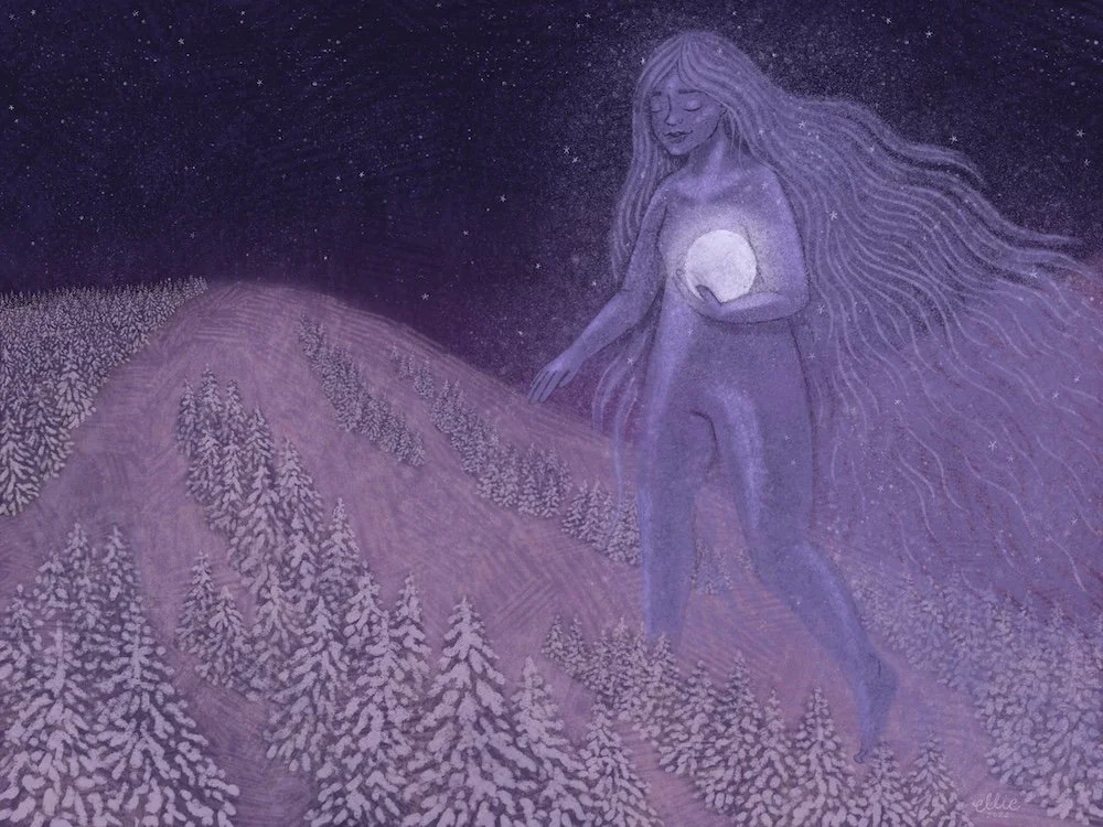 A dreamy celestial illustration of a woman with long flowing hair, holding a glowing moon, standing on a snowy hillside at night with a starry sky