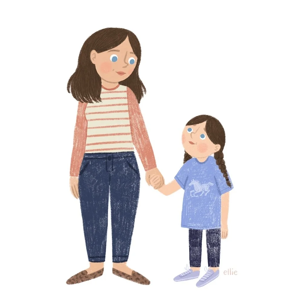 An illustration of a woman and a young girl holding hands and looking at each other, standing against a plain white background.