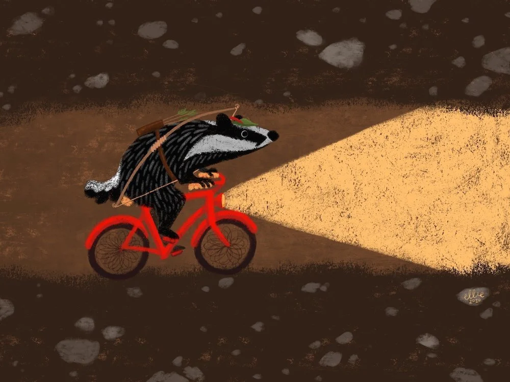 A badger riding a red bicycle in a dark tunnel, wearing a backpack, with a flashlight illuminating the ground, on a dirt path.