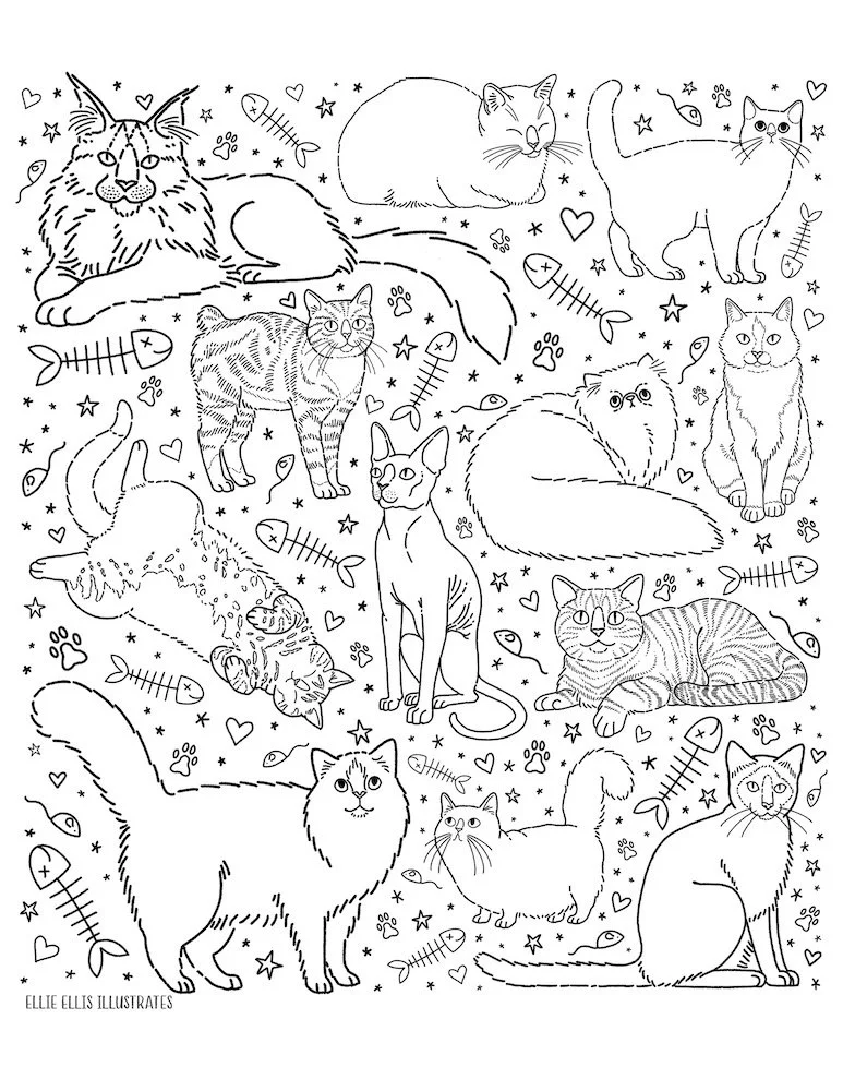 Black and white coloring page featuring various cats with stars, hearts, fish bones, and paw prints scattered around.
