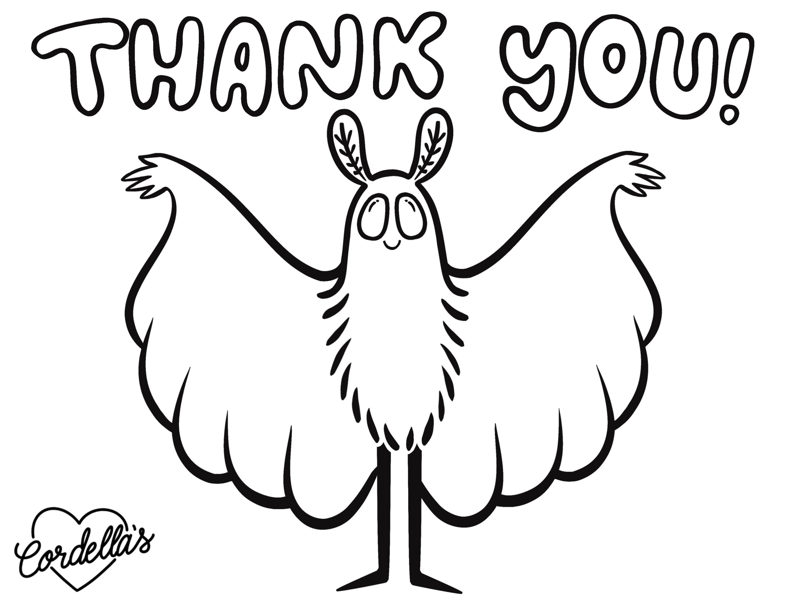 Black and white line drawing of a cheerful mothman with outstretched wings, a small face with big eyes, and the words 'Thank You!' above. The word 'Cordella's' is written in a heart shape at the bottom left.