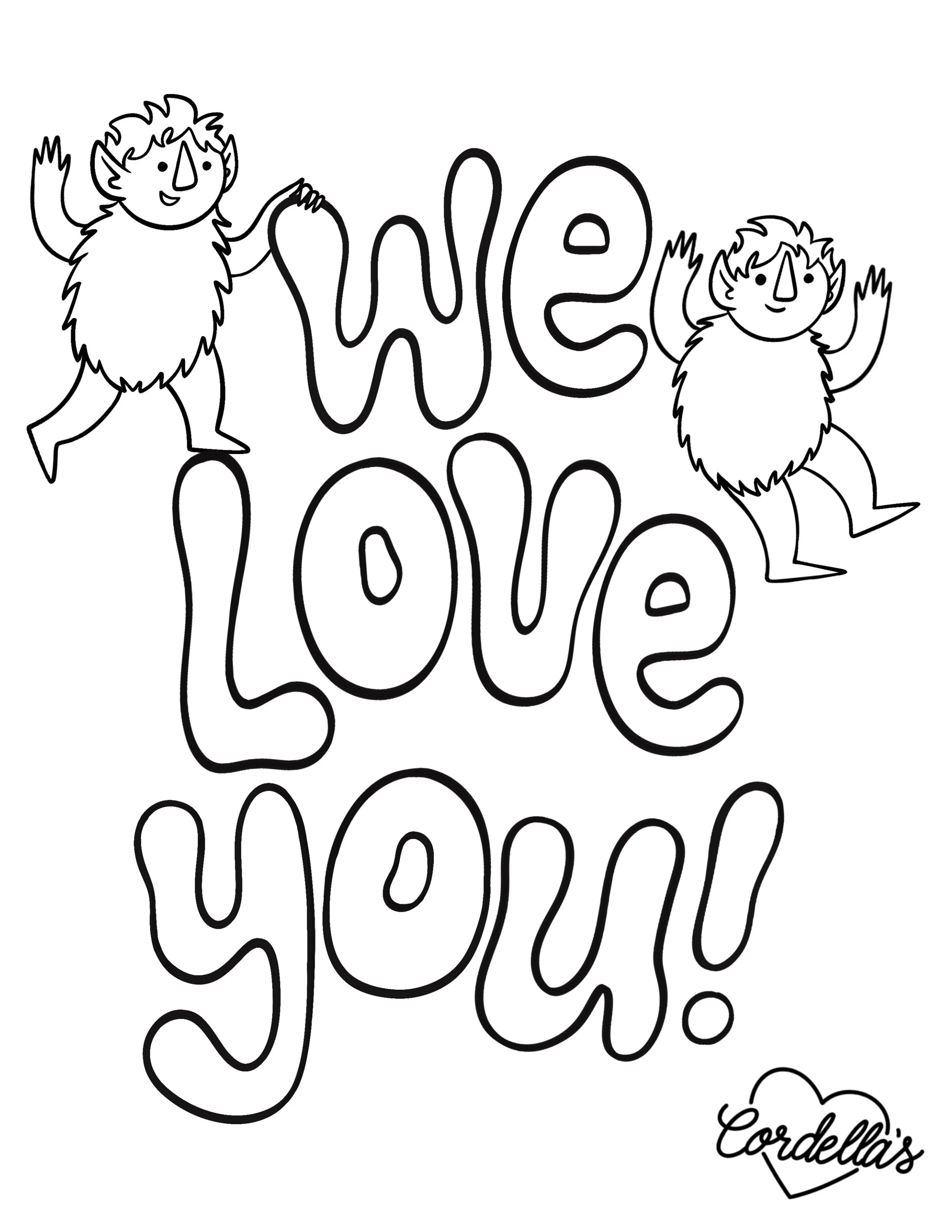 Coloring page with the phrase 'We Love You!' and two cartoon-like troll pukwudgies with pointy ears and shaggy hair, climbing over the words in the phrase.