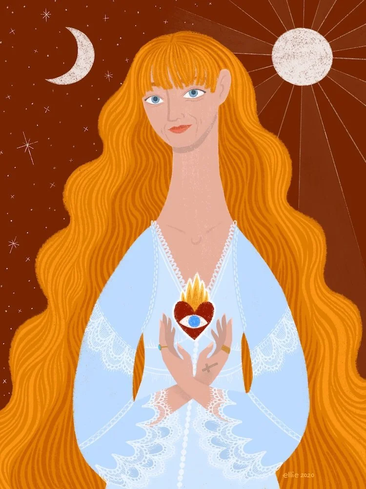 Illustration of a woman - Florence Welch - with long flowing red hair holding a heart with an eye inside, surrounded by celestial symbols like a moon and sun in the background.