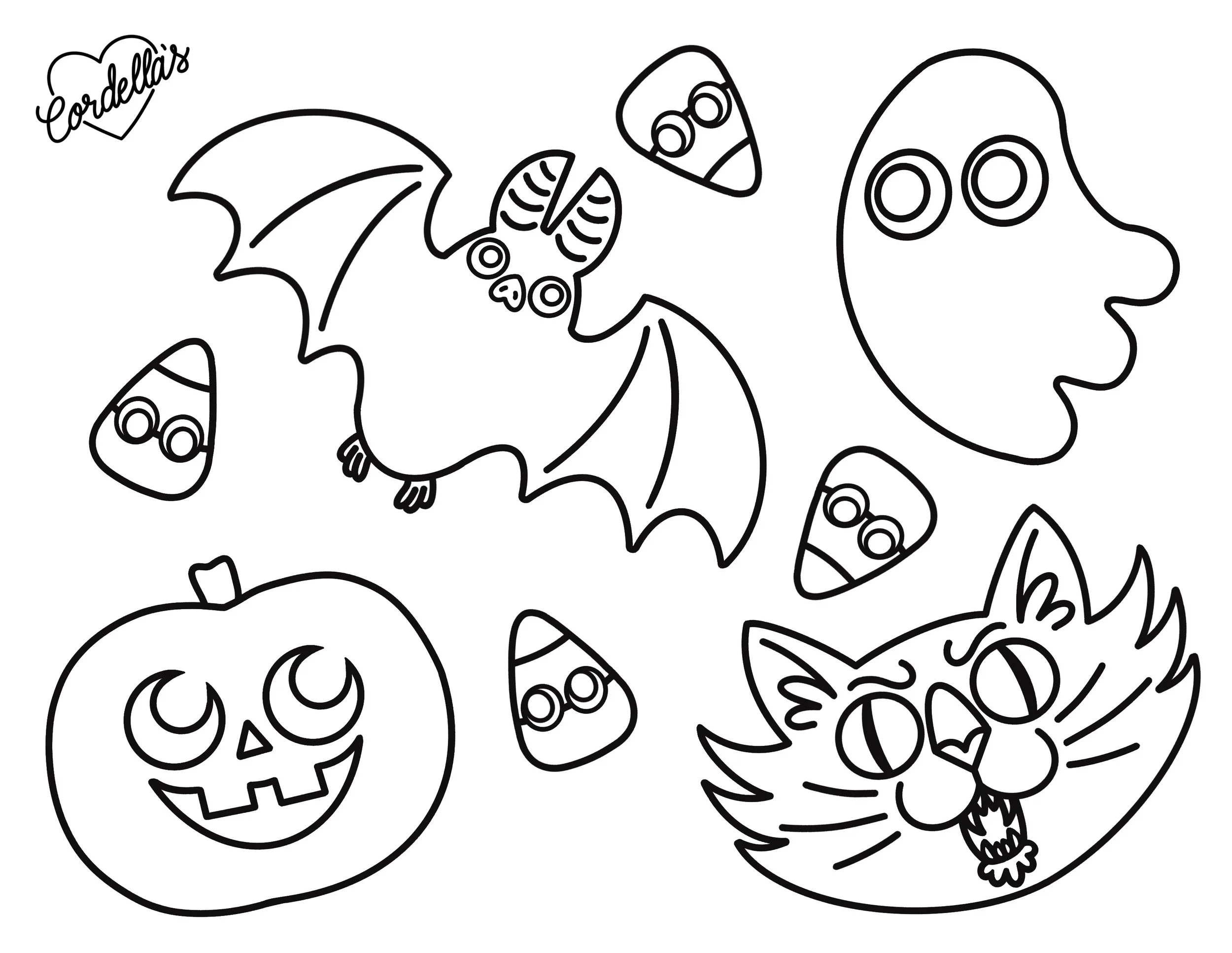 Black and white coloring page with Halloween themes including a smiling pumpkin, a grinning cat with sharp teeth, a ghost with a surprised expression, a bat with wings spread, and a ghost with large eyes. The word 'Cordellia's' appears in a heart sha