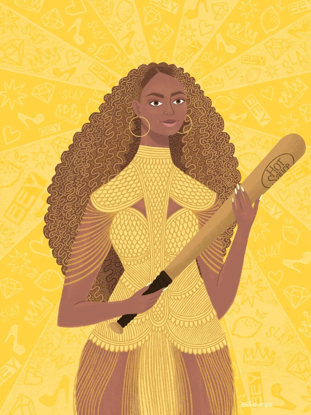 Illustration of a woman Beyonce with long, curly hair holding a baseball bat. She is wearing a gold, armored-looking outfit with intricate patterns and large hoop earrings, set against a yellow background with doodles and words like 'slay' and 'bey'.