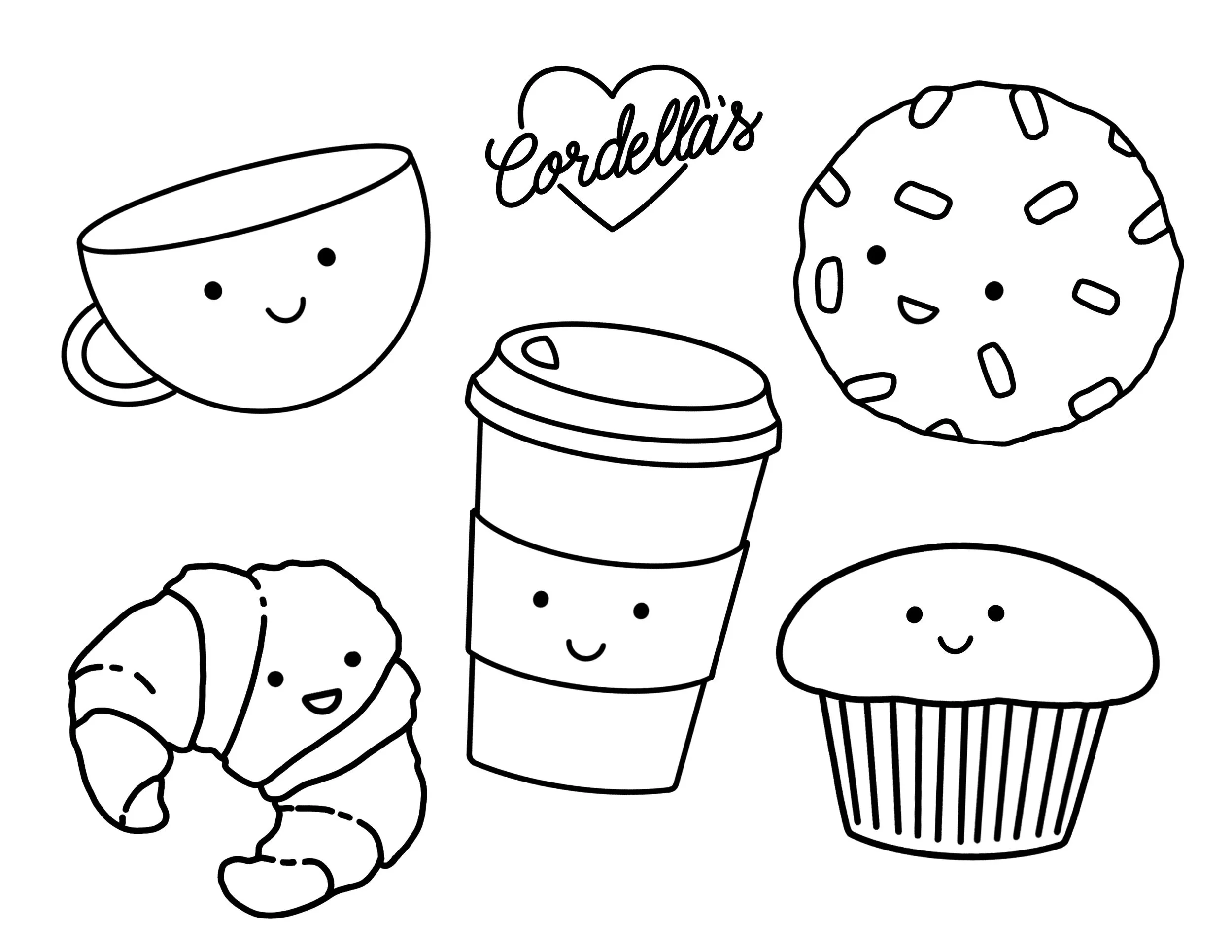 Black and white coloring page line drawing of various food items with smiling faces, including a cup, a croissant, a to-go coffee cup, a cookie, and a muffin, with the word 'Cordella's' in a heart above the food items.