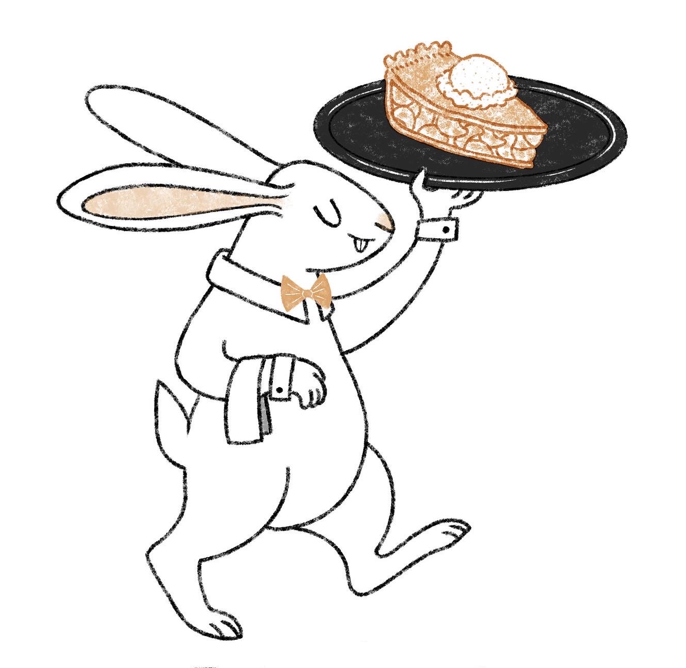 A cartoon bunny dressed in formal attire holding a tray with a slice of apple pie topped with a scoop of ice cream.