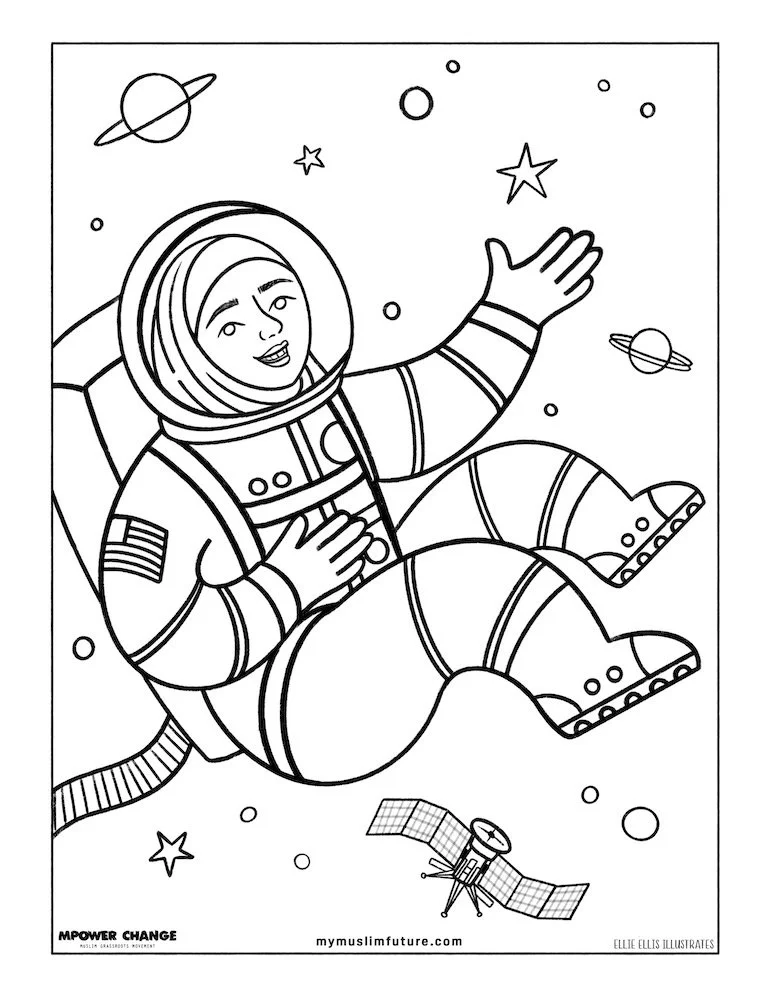 A coloring page line drawing of a female astronaut floating in space, surrounded by planets, stars, and a satellite.