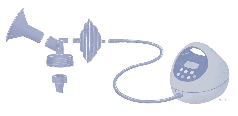A soft blue and white toned diagram illustration of a breast pump