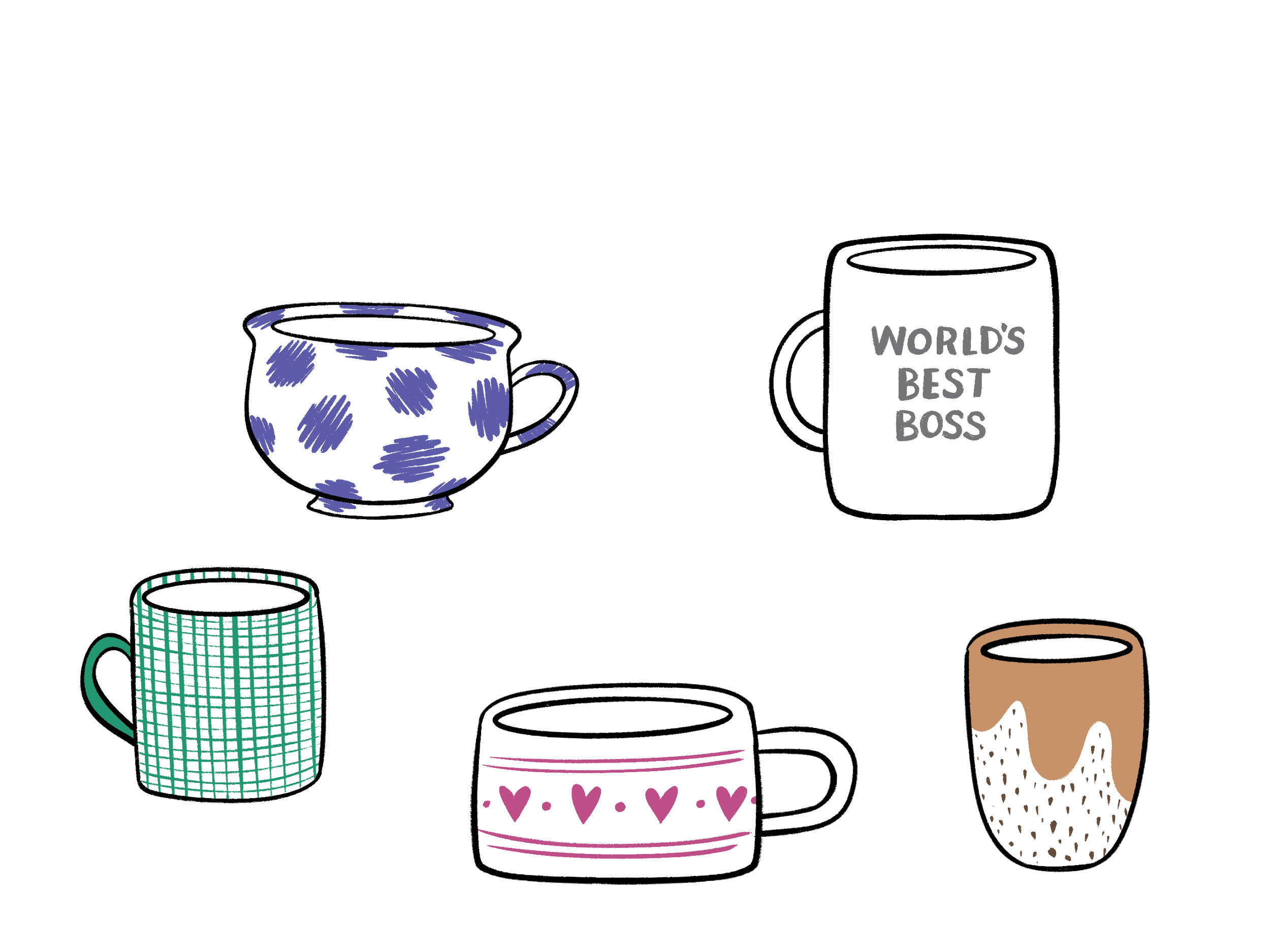 Five illustrated coffee mugs with different designs and colors, arranged on shelves. The top shelf has a mug with purple polka dots and a plain mug with text 'World's Best Boss.' The bottom shelf has a green checkered mug, a white mug with pink heart