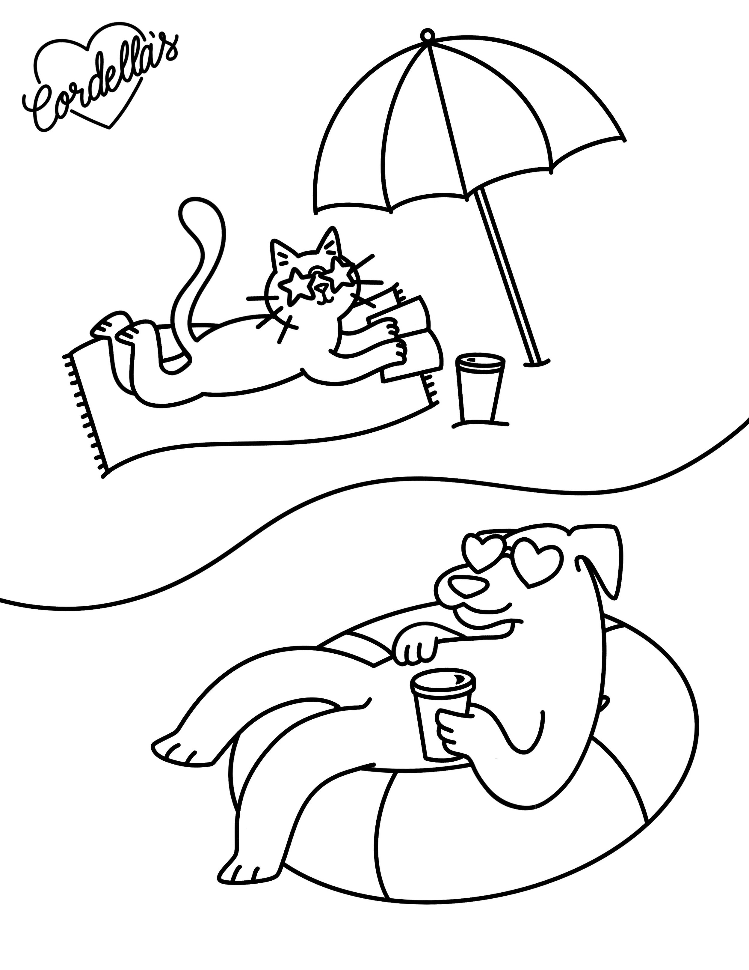 Coloring page of a beach scene. A cat lying on a towel wears star-shaped sunglasses, holding a drink with a straw, next to an umbrella and a glass. A dog, also with sunglasses, reclines on a pool float, holding a drink with a straw,