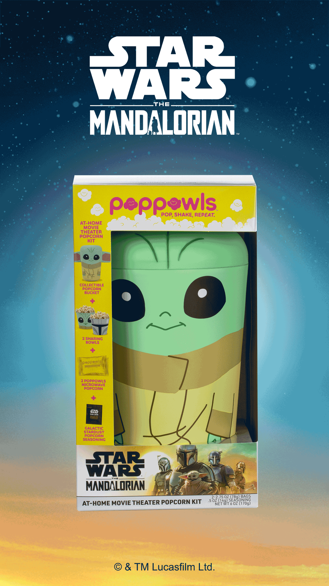 Star Wars The Mandalorian at-home movie theater popcorn kit featuring a Grogu on the packaging, with a starry sky background and a sunset at the bottom.