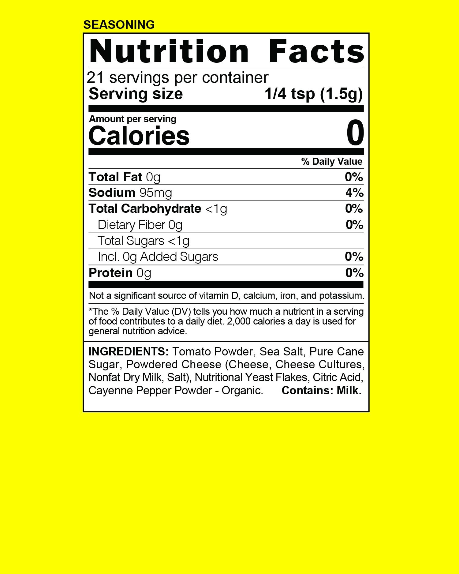 Close-up of a nutrition label on yellow packaging, showing nutritional facts and ingredients of a food product.