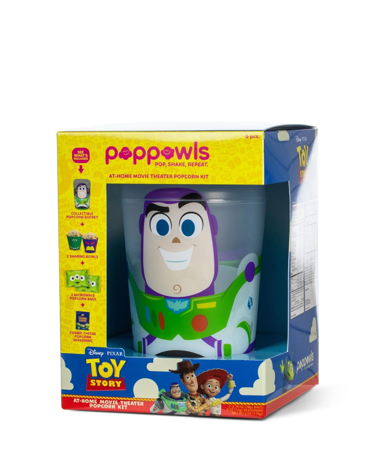 Toy story themed popcorn kit featuring Buzz Lightyear's face on a popcorn bucket, with various popcorn seasonings and popcorn bags included.
