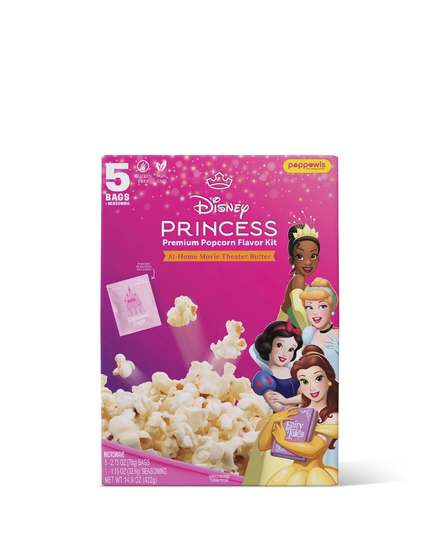 Box of Disney Princess bubble popcorn flavor kit featuring Princess Tiana, Cinderella, Snow White, Belle, and Aurora, with popcorn popcorn and seasoning, pink packaging, and images of popcorn and seasoning on the front.