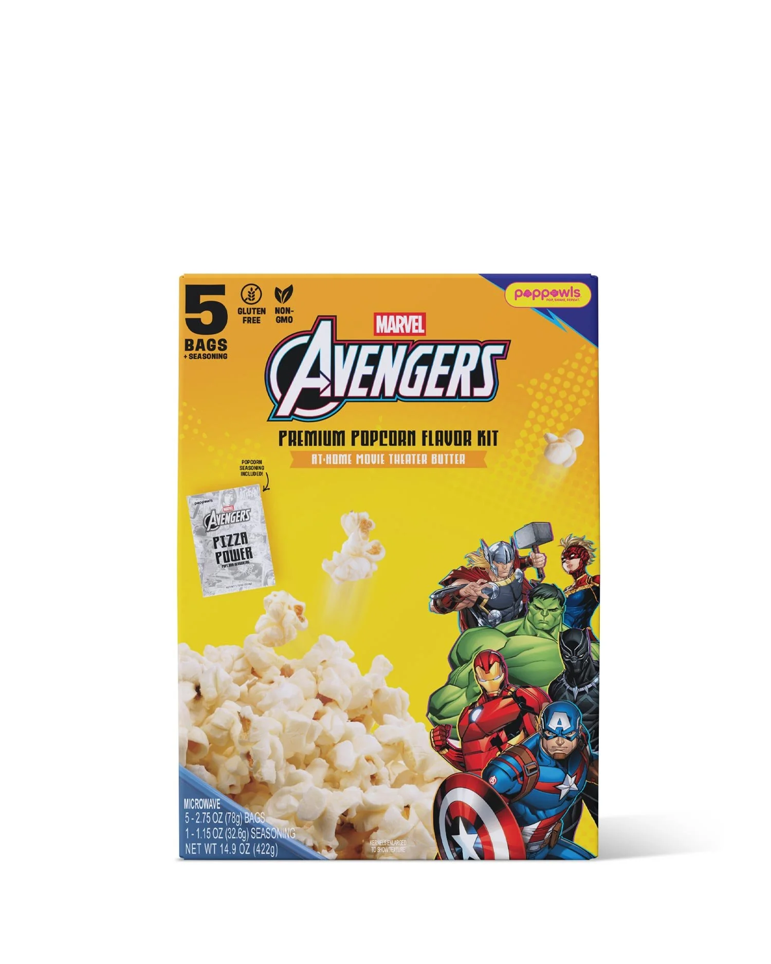 Marvel Avengers themed microwave popcorn packaging featuring characters like Thor, the Hulk, Iron Man, and Captain America, with yellow background and popcorn imagery.