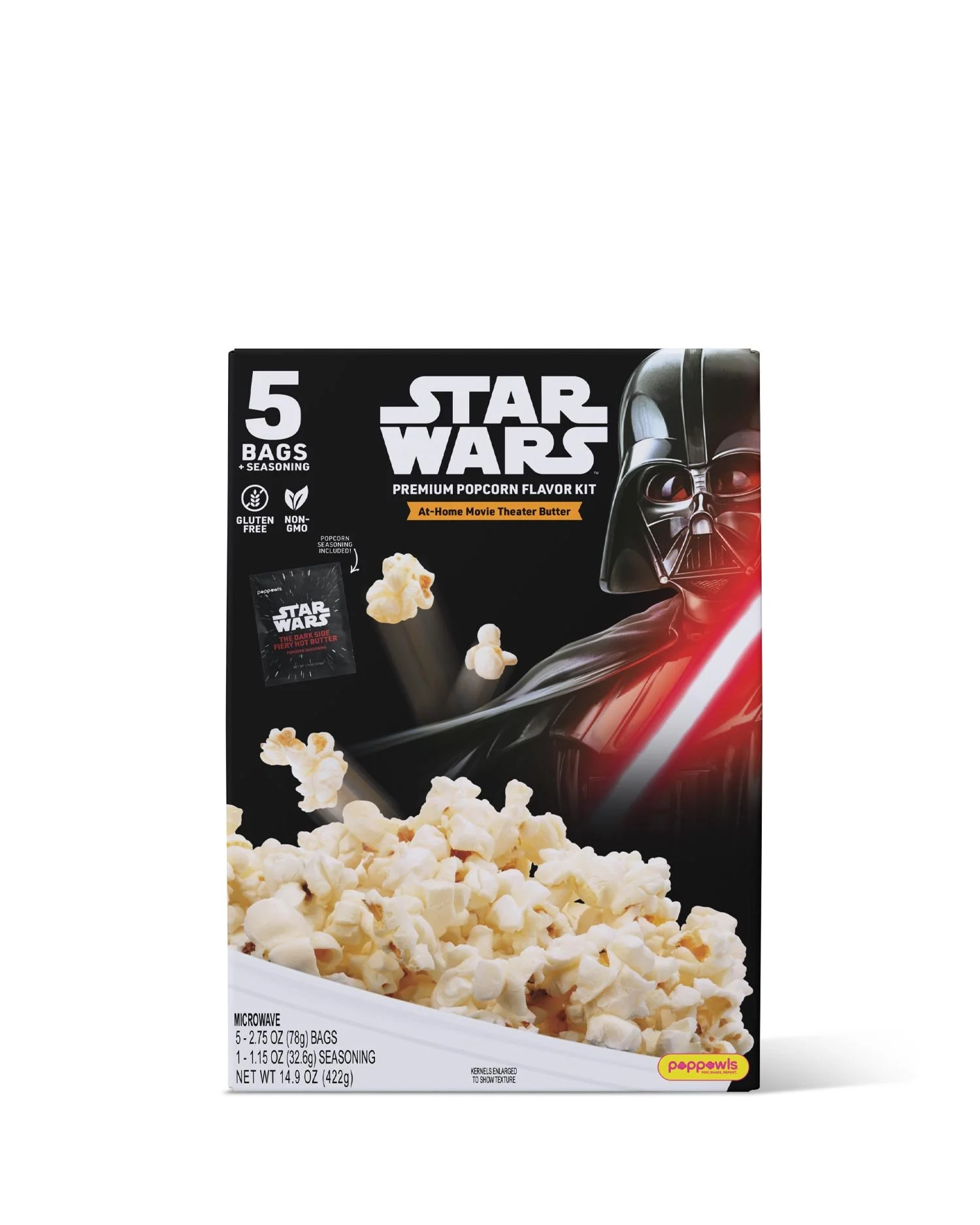 Star Wars themed popcorn seasoning kit package featuring Darth Vader on the cover with popcorn and information about contents and weight.