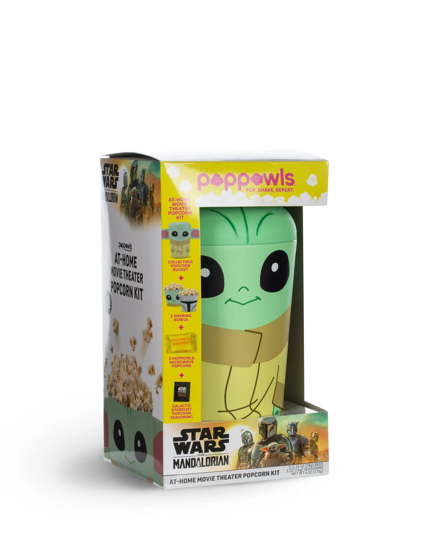 Star Wars Mandalorian themed popcorn kit with Mandalorian characters on the box, featuring a green and beige cartoon character face design on the popcorn container.