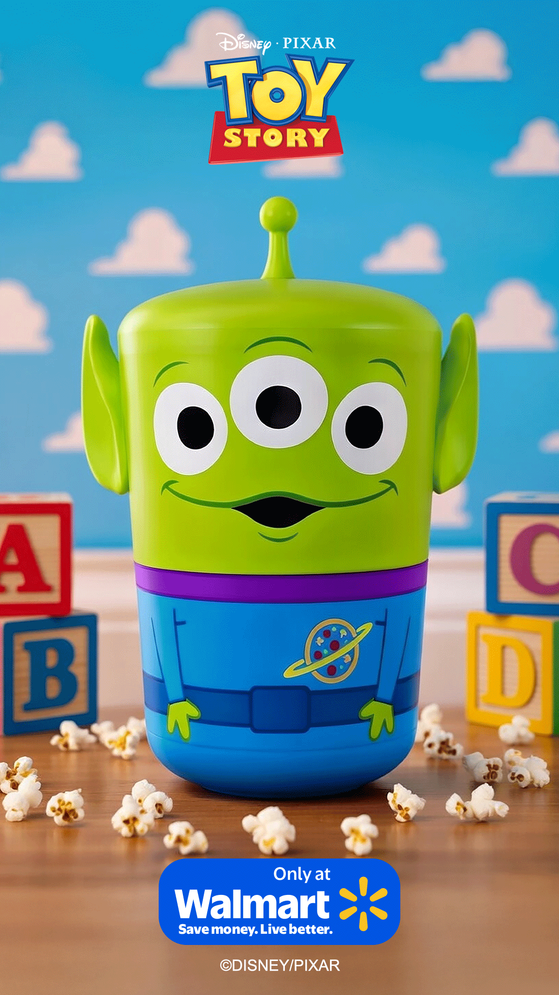 A Toy Story-themed product, designed to resemble Buzz Lightyear, displayed on a Walmart shelf with scattered popcorn around it. The background has a blue sky with clouds, and the Walmart logo is visible with the text 'Save money. Live better.'