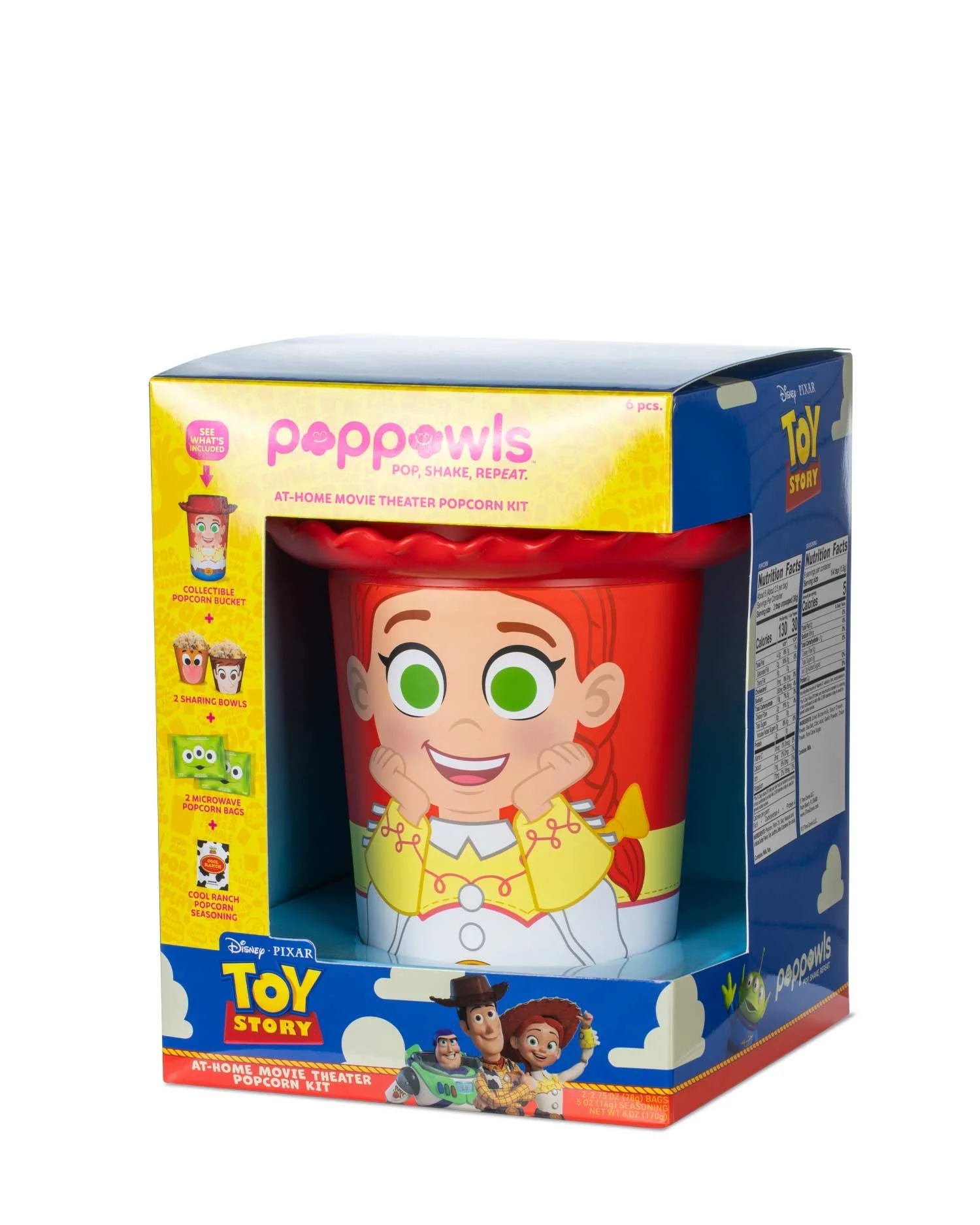 Box of Toy Story popcorn kit featuring Jessie, Woody, Buzz Lightyear, and aliens from Toy Story with product details and mascot images.