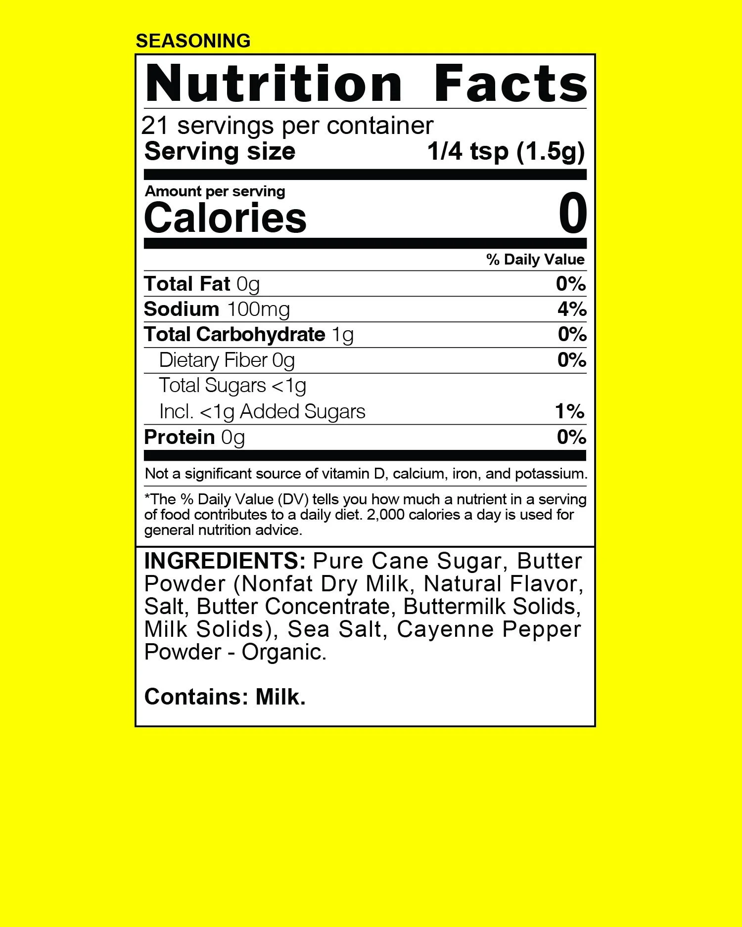 Nutrition facts label on a yellow background showing serving size, calories, total fat, sodium, total carbohydrate, dietary fiber, total sugars, added sugars, protein, ingredients, and allergen information.