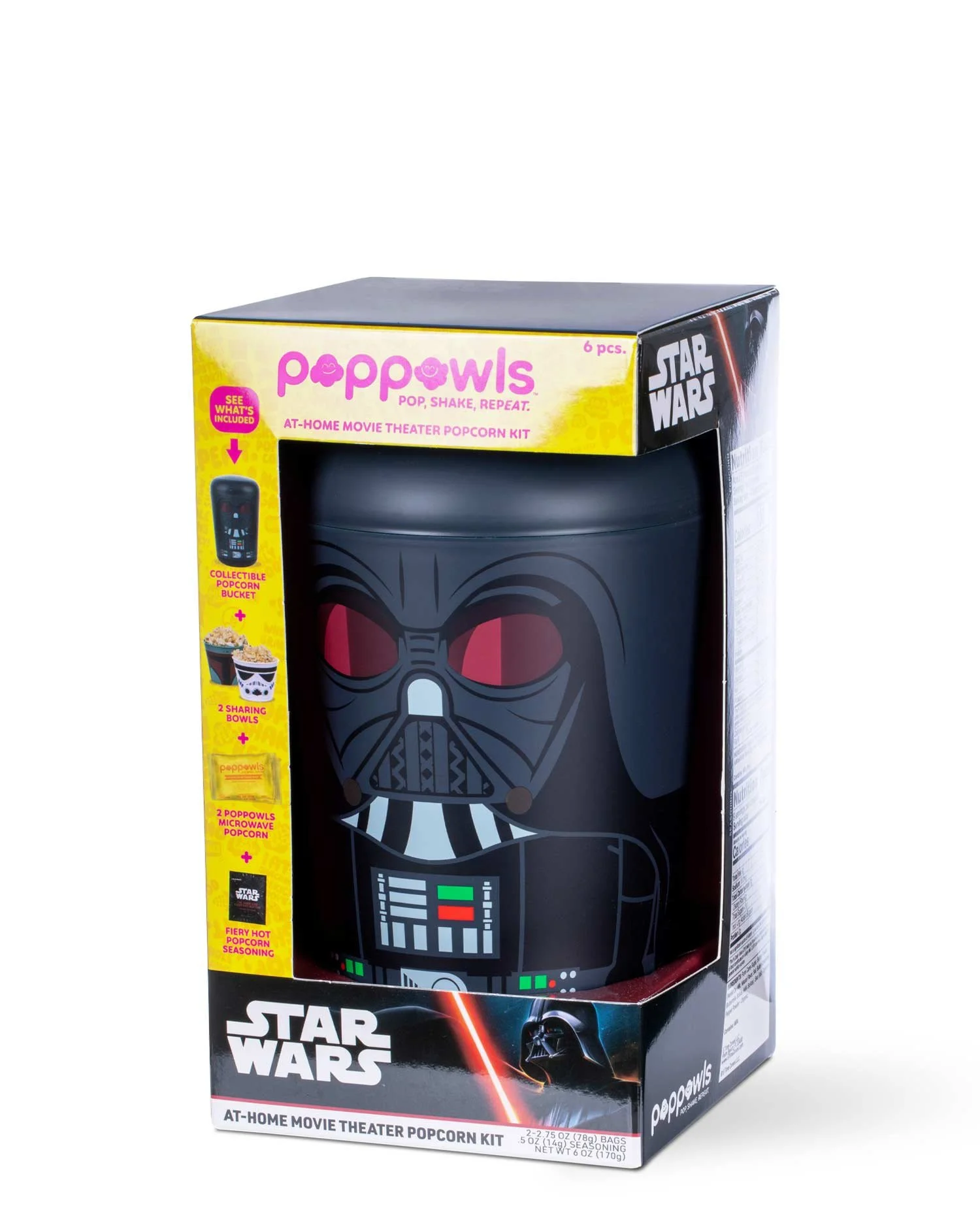 Star Wars themed at-home movie theater popcorn kit in a black Darth Vader design box with pink and yellow accents.