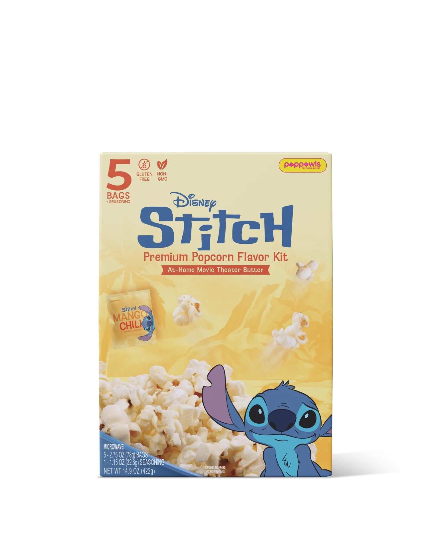 Box of Disney Stitch popcorn flavor at home movie theater butter, featuring an animated Stitch character with one paw raised and a big smile.